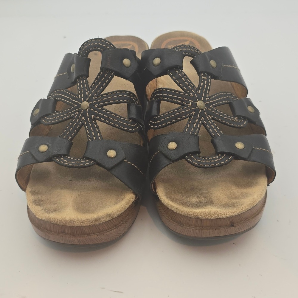 Dansko Women's Size 41/10.5 Black Leather Flower Detail Wedge Heel Slide Clogs
